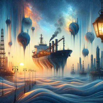 The primary subject of the image is a large ship floating on a body of water. The ship is surrounded by a variety of balloons, which are scattered throughout the scene. The setting appears to be a nighttime ocean, with the ship and balloons creating a unique and whimsical atmosphere. The visual style of the image is a combination of digital art and illustration, giving it a surreal and dreamlike quality. The dominant colors in the image are blue and white, which contribute to the overall mood of the scene.
